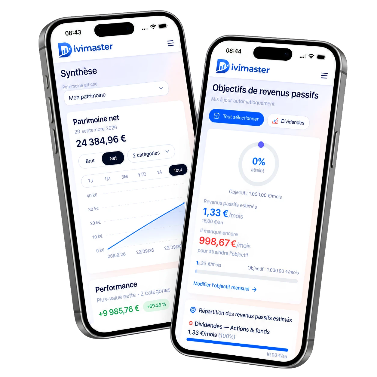 Application mobile Divimaster montrant le suivi du patrimoine et des objectifs de revenus passifs